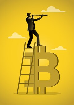 사업가 투자자는 bitcoin 위에 사다리를 올라