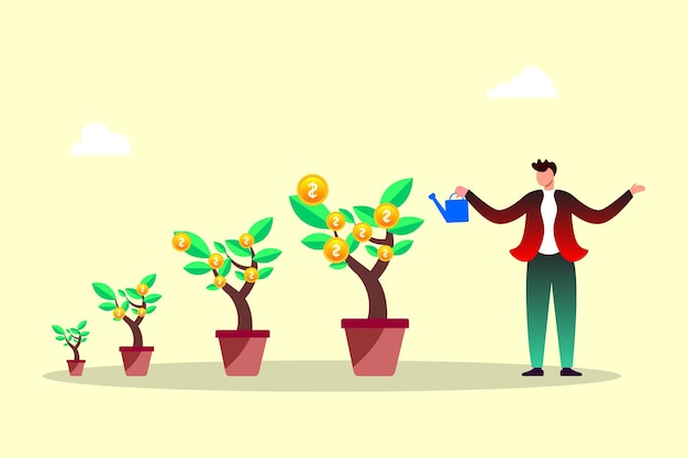 businessman investor watering small plant Make profit in stock market