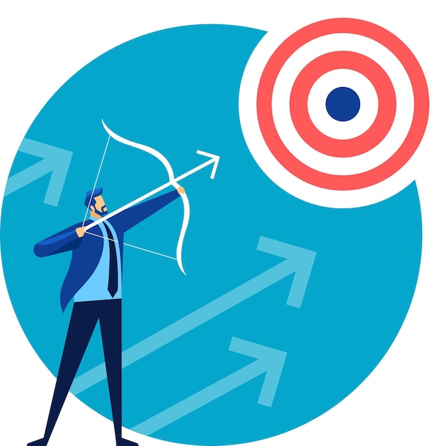 Businessman is aiming at target with bow and arrow symbolizing achieving business goals focus strategy and success in competitive environment with growth arrows in background