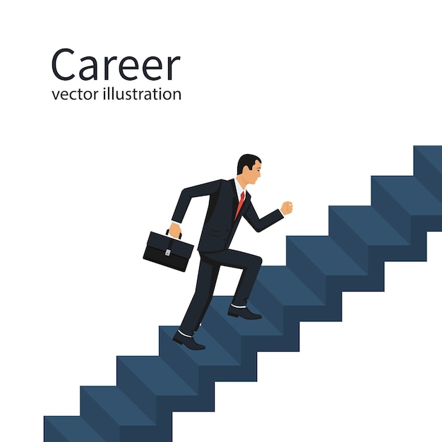 Businessman is climbing career ladder Concept development Vector illustration flat design Isolated on background Step by step Human in a suit with a briefcase runs down stairs