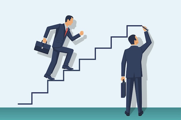 Businessman is climbing career ladder human hand drawing stairs close up concept of business develop