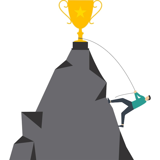 businessman is climbing the ladder towards the cloud on which there is a golden cup step by step to
