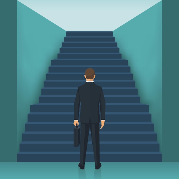 Businessman is climbing the stairs. Business ambitions. Concept success. Career ladder. Wait up. Vector illustration flat design. Isolated on background. Growth at work. Road to future.