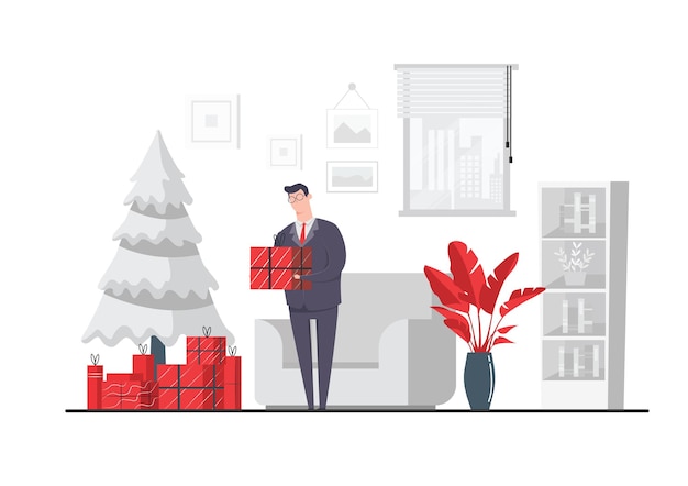 Vector businessman is holding a gift box premium vector