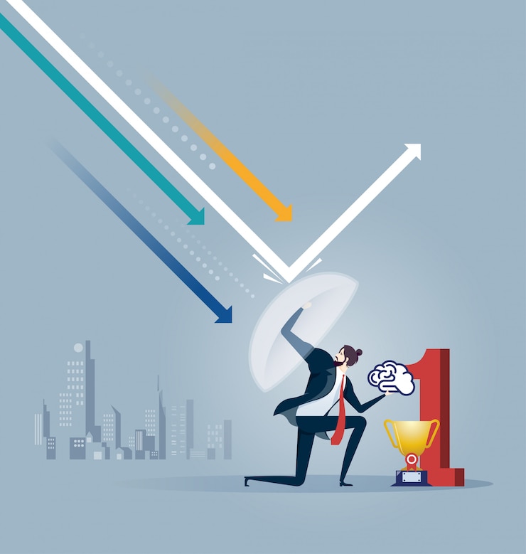 Vector businessman is holding a shield reflecting the attacks. defender business metaphor
