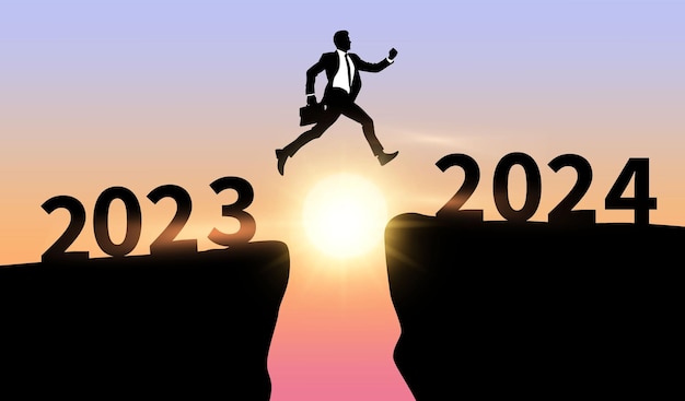 Businessman is jumping from 2023 to 2024 Happy new year concept