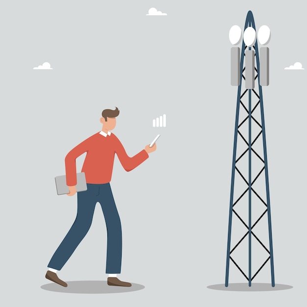 a businessman is looking for a cellular signal for work. mobile telecommunication system.