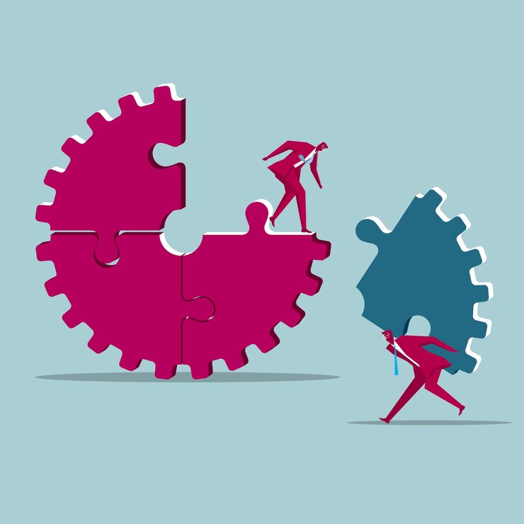 Vector businessman is making a gear puzzle. isolated on blue background.