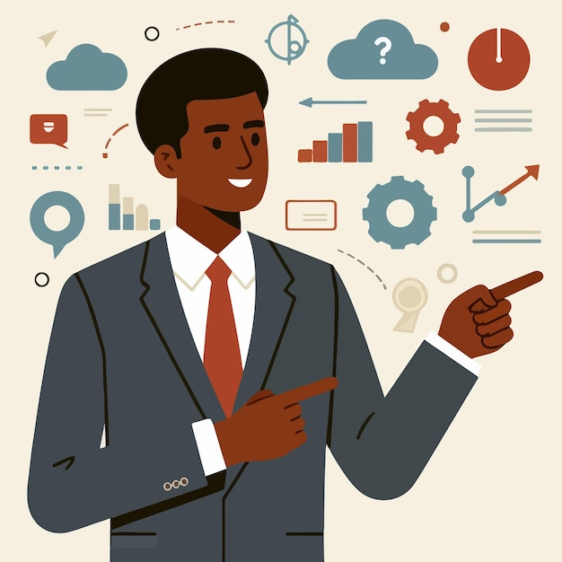 Vector businessman is pointing to the side with a flat design style