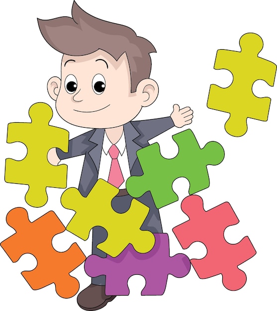 Vector businessman is putting together a puzzle problem solving business problems