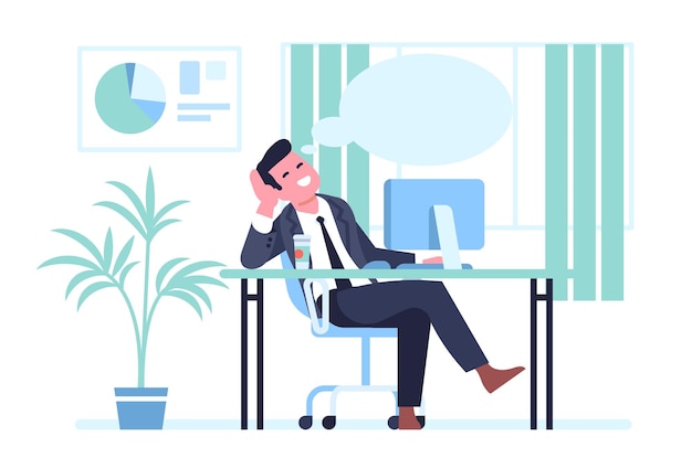 Businessman is resting and dreaming about something at his workplace Office worker Man sitting at table Relaxing employee Male daydreaming Manager sleeping at table Vector concept