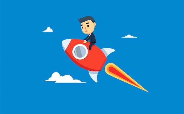 Vector a businessman is riding a rocket. vector illustration