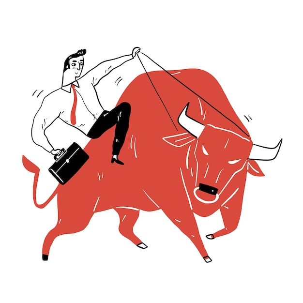 Vector businessman is riding a skittish bull