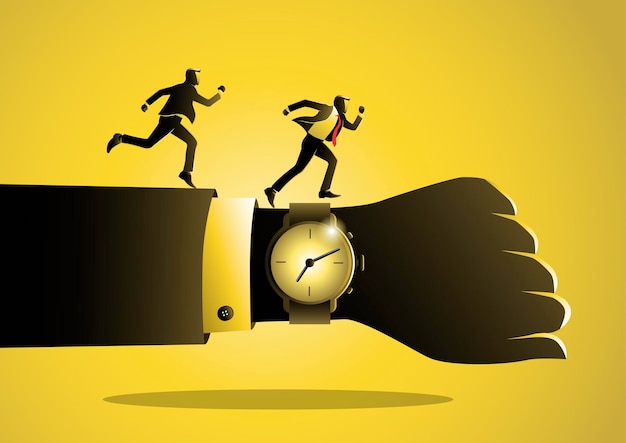 Businessman is running on along hand with wrist watch. Businessman rushing hurry to get on time.