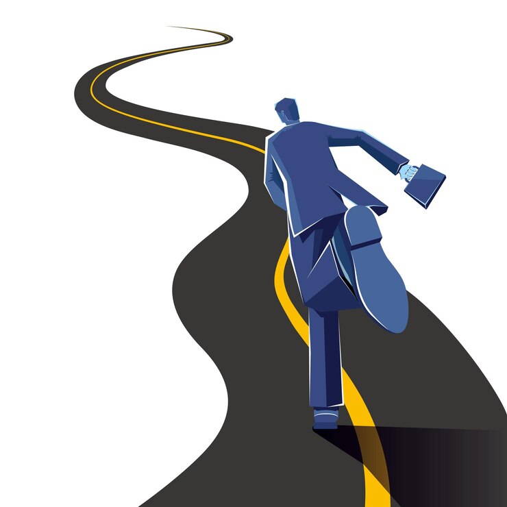 Businessman is running on the road. The background is purple.
