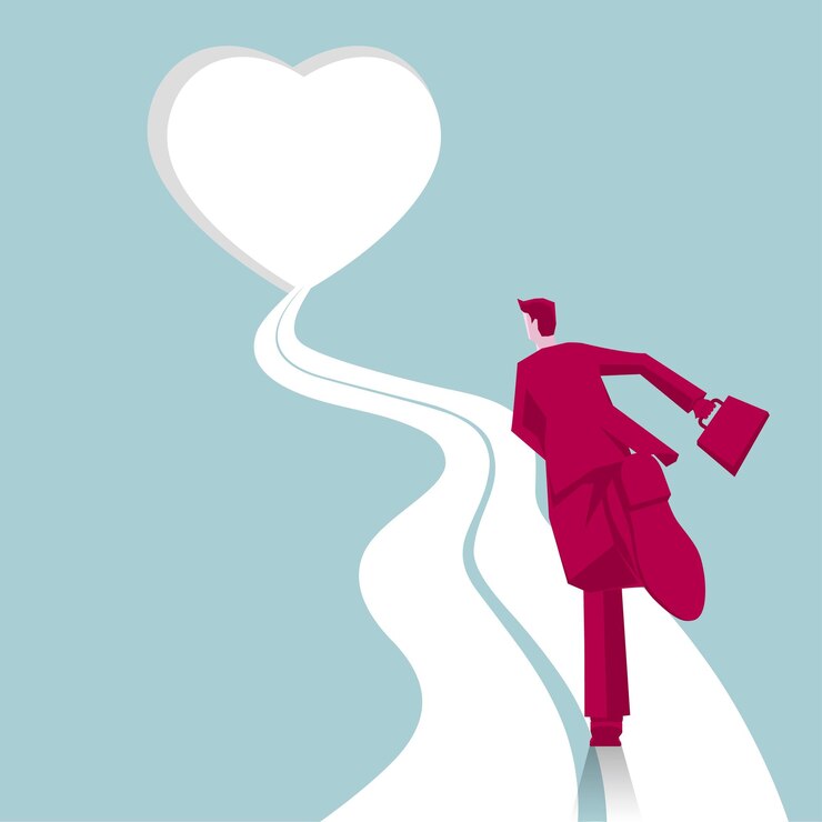 Vector the businessman is running. a road leads to a heart-shaped door.