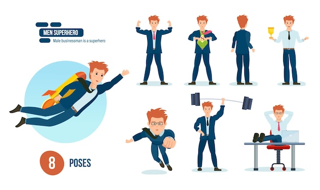 Businessman is superhero beautiful business clothes in various poses situations