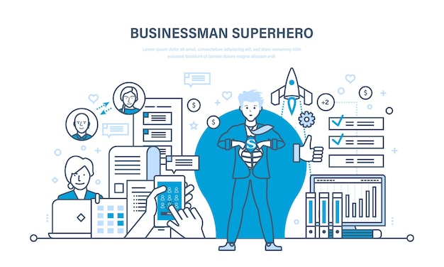 Businessman is superhero in business clothes on background of city thin line design