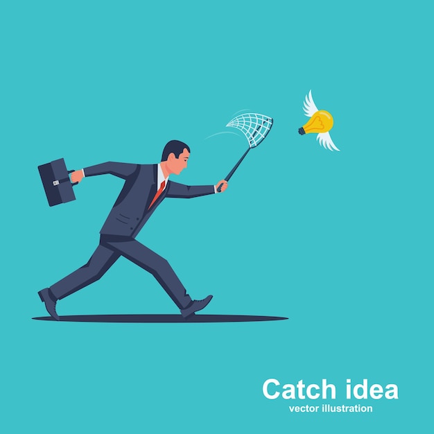 Businessman is trying to catch flying light bulb with scoopnet Search for ideas Vector Flying idea