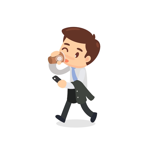 A businessman is walking and drinking a cup of coffee