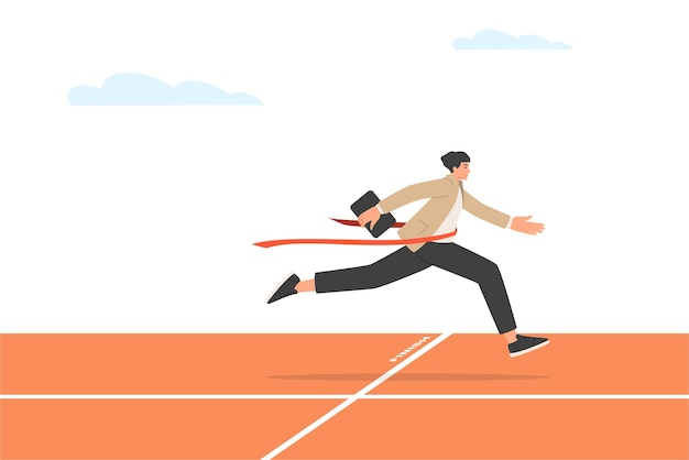 Vector businessman is the winner in the race. a man at the finish of a treadmill. business success concept. vector illustration in trendy flat style