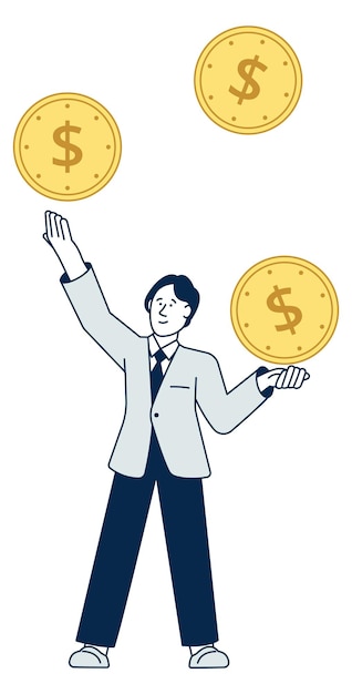 Businessman juggling with golden coins Person working with money