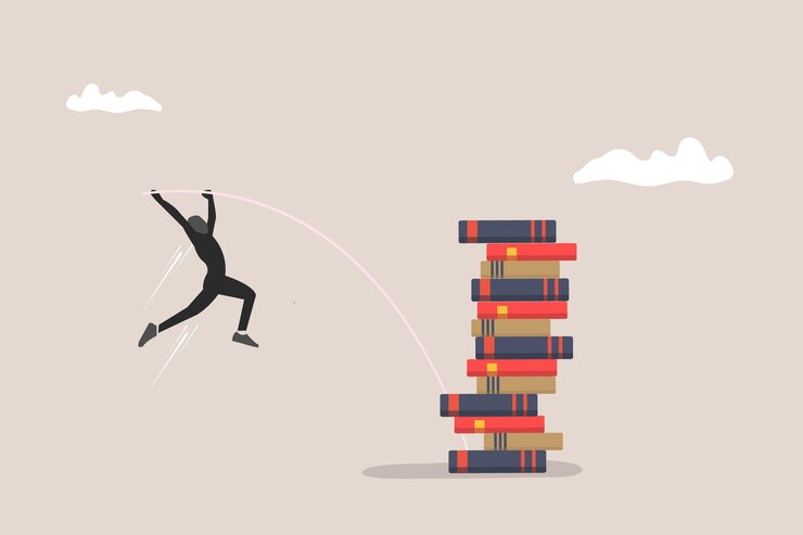 Vector businessman jump books for graduation concept of success education level and skill development