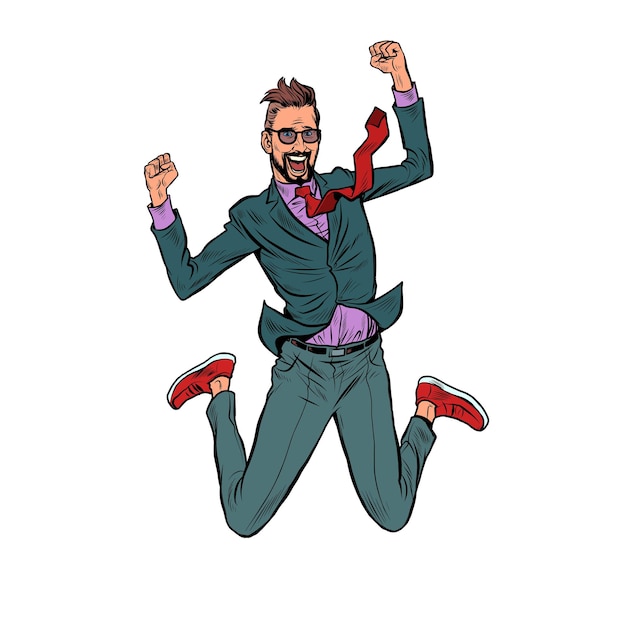 Businessman jump of joy victory successful dent man in a business suit in a funny pose of joy