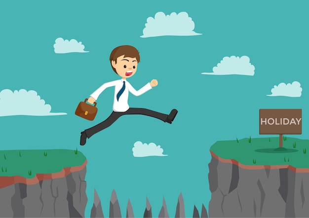 Businessman jumping the cliff to get holiday