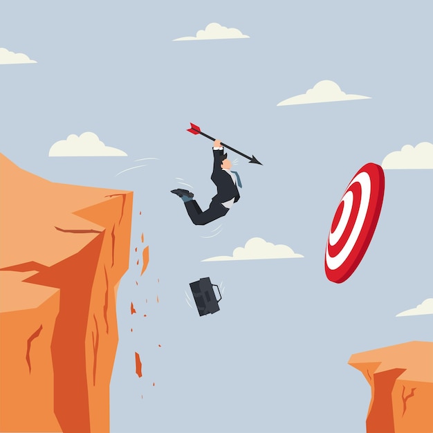 Businessman jumping from the cliff with arrow in hand toward to target reaching the target and goal in business concept illustration