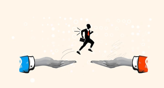 Businessman jumping from giant hand to new place Change job or career Collage Art Vector