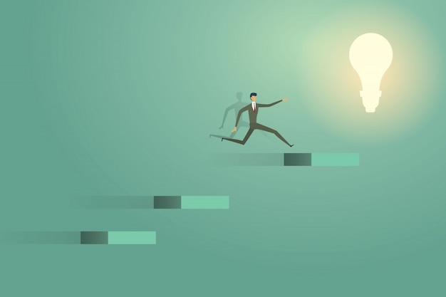 Vector businessman jumping go on lightbulb creative concept solution ambition succes.