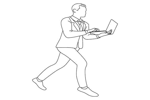 Businessman jumping going using laptop isolated over white background oneline art drawing style