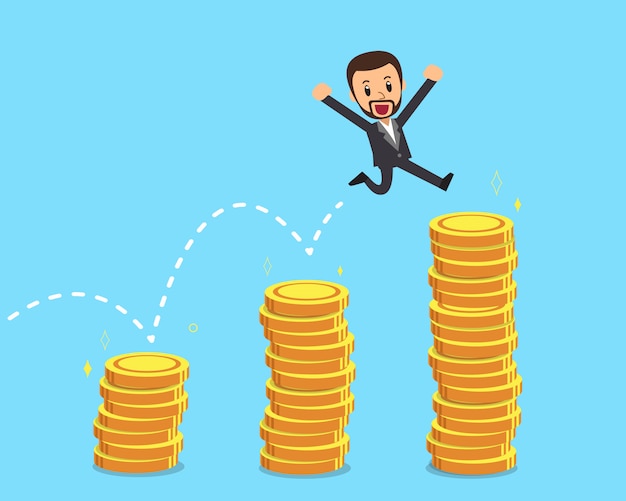 Businessman jumping over money stacks