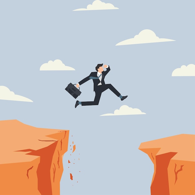 Vector businessman jumping over precipice with gap risk and challenge concept illustration