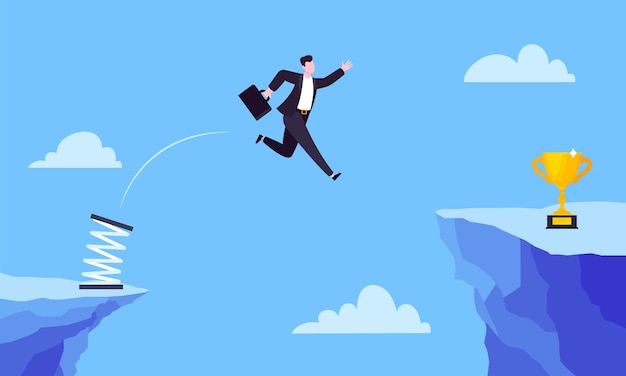 businessman jumps over the abyss across the cliff flat style design vector illustration
