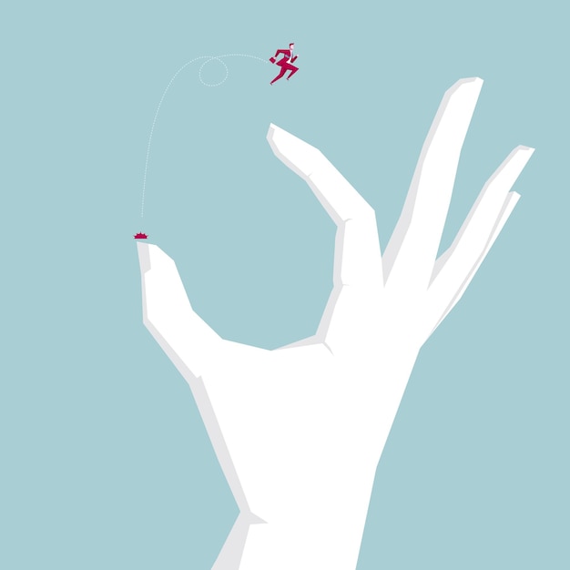 Vector businessman jumps on the hand. isolated on blue background.