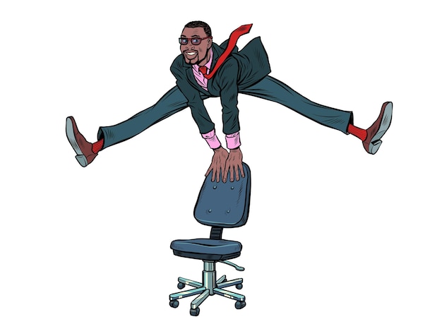 Businessman jumps up funny leg pose wide joy emotions success