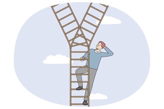 Businessman on ladder make decision or choice Man decide which path to take Dilemma and choosing option Vector illustration