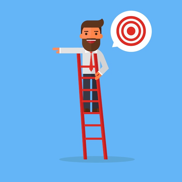 Businessman on a ladder pointing at a target.