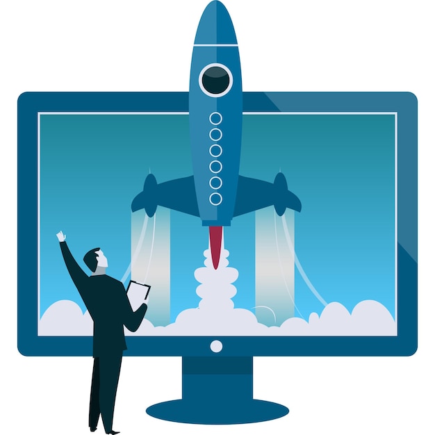 Vector businessman launch online startup vector flat icon