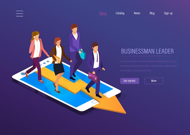 Businessman leader. Business success, achievement high goals, growth on career ladder, financial well-being, business team, leadership. Entrepreneur business man leader with team. Isometric vector.