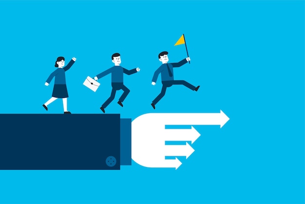 Businessman leader holding winner flag running lead business people on pointing finger leadership to lead team members business direction to achieve goal or target teamwork to success in work