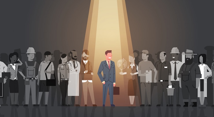 Vector businessman leader stand out from crowd individual, spotlight hire human resource recruitment candidate people group business team concept