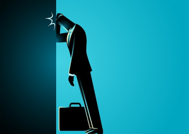 businessman leaning his forehead against wall, business failure, stupid mistake, regret concept