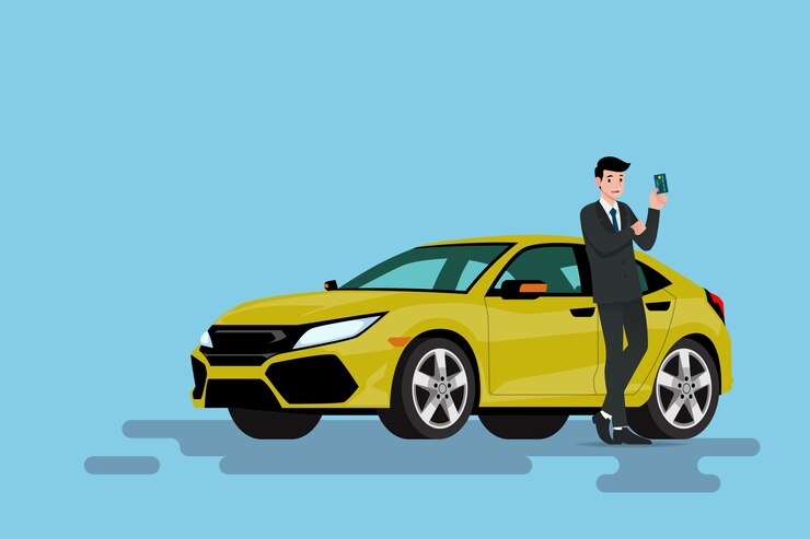 ビジネスマン、新しい、車、傾倒、クレジットカード