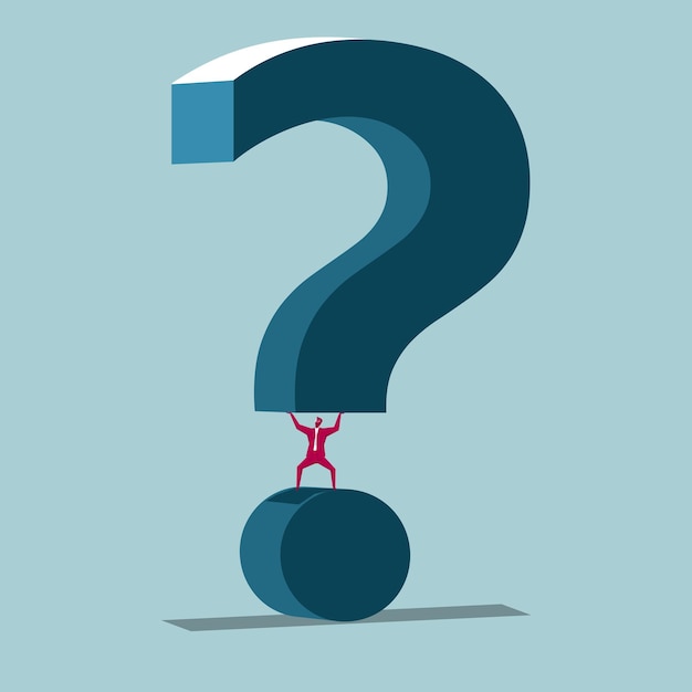 Vector the businessman lift huge question mark. isolated on blue background.