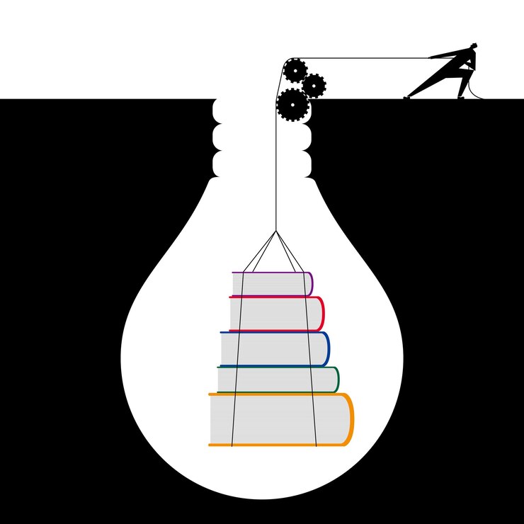 Businessman lifting books from trap, The trap is in the shape of a light bulb.