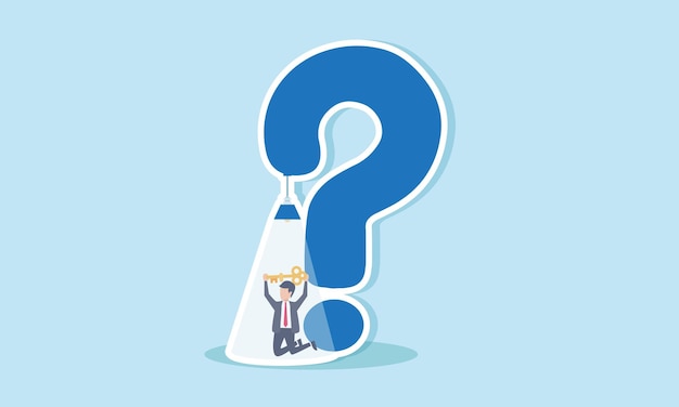 ビジネスマンがビジネス問題の解決策を提案するイラストを示す問号状の吊り灯のスポットライトの下で鍵を持ち上げます