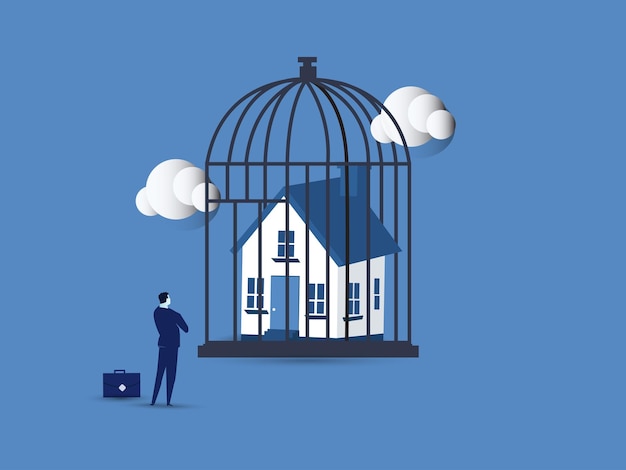 Businessman Locked house inside the cage vector illustration